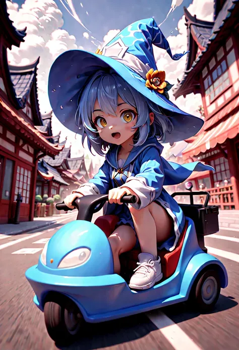 anime, cute girl driving gocart, high speed, motion blur, wizard hat, robe, happy, bloom, ambient occlusion, intricate, (best quality, masterpiece, Representative work, official art, Professional, unity 8k wallpaper:1.3)