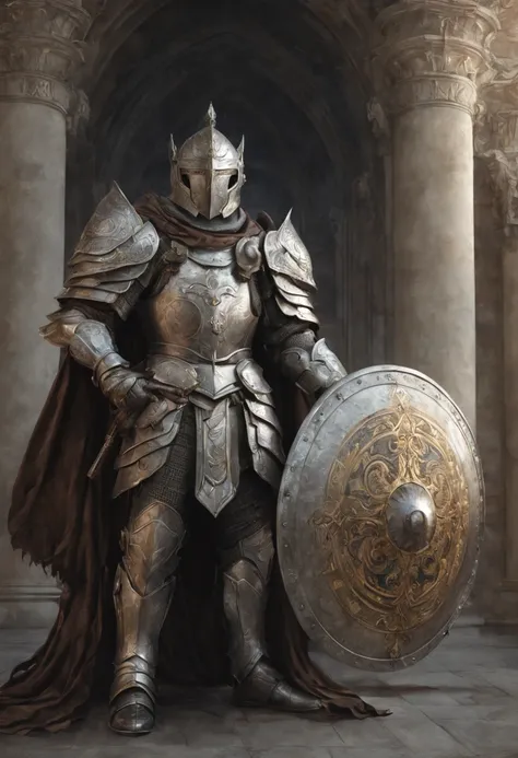 breathtaking a highly detailed digital painting of a powerful knight in armor holding a large, ornate shield in a heroic stance,...