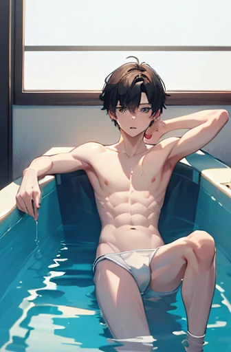 masterpiece, best quality, a boy， white socks，Shirtless，thin legs，long legs，standing，close shot，Clear and exquisite facial features，tub，body is wet