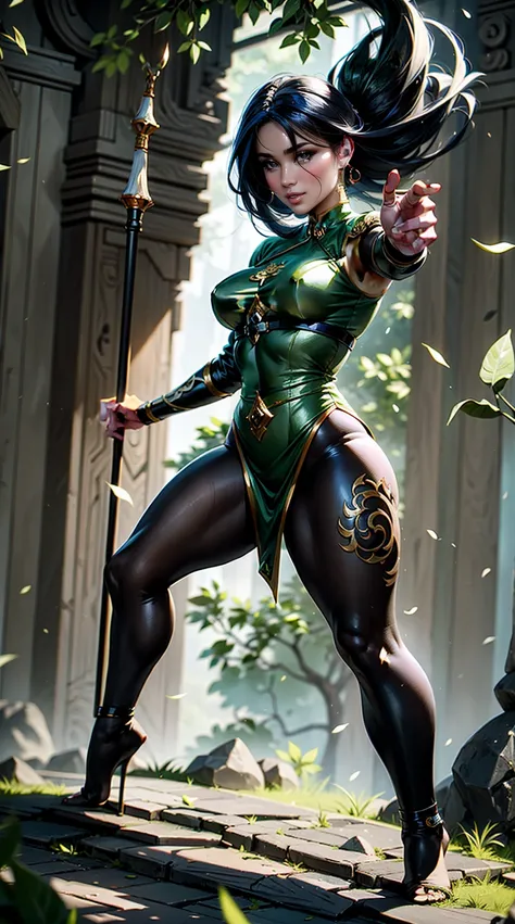 ((full body illustration)), high definition|quality|contrast. Magic fantasy art. an imposing Chinese warrior woman holding a staff in a combat pose, ((attack pose)), looking at the viewer, traditional dress in shades of green, tattoo on her leg, (swirl of ...