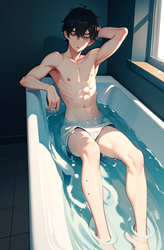 masterpiece, best quality, a boy， white socks，Shirtless，thin legs，long legs，close shot，Clear and exquisite facial features，Soak in the bathtub