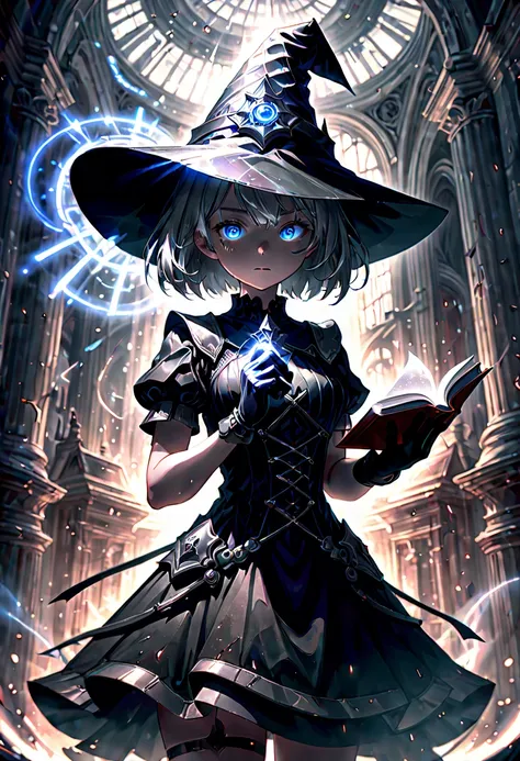 1girl,cowboy shot,standing,short hair,silver hair,blue eyes,witch hat,armored dress,black dress,short sleeves,black gloves,book,holding book,light rays,light particles,abstract background, intricate, (best quality, masterpiece, Representative work, officia...