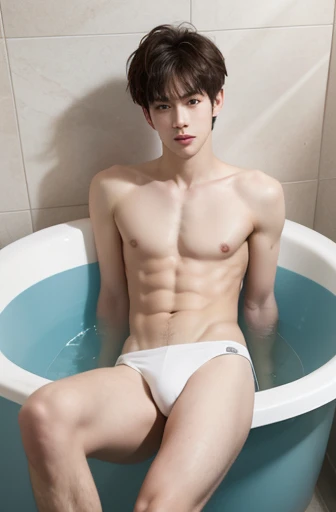 masterpiece, best quality, a boy， white socks，Shirtless，thin legs，long legs，close shot，Clear and exquisite facial features，In the bathtub