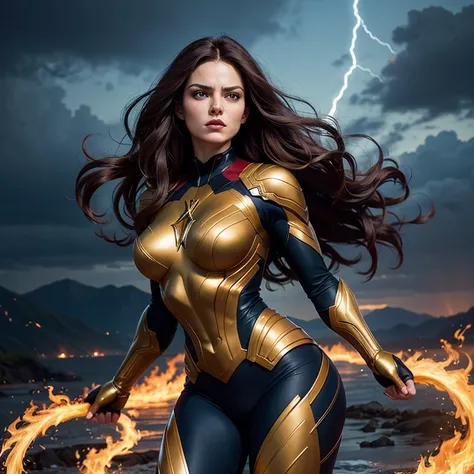 ((Masterpiece)), ((Best quality)), 8k, ultra-detailed,

A compelling representation of Jean Grey in her Dark Phoenix form, embodying her powerful and seductive allure. Her figure is muscular and toned, showcasing her strength and athleticism. Her large bre...