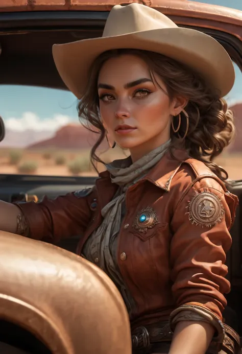 a woman, cowboy, drive ute car, showroom, intricate details, high resolution, close-up view, masterpiece, best quality, beautiful, (colorful), cinematic lighting, extremely detailed CG, intricate, (best quality, masterpiece, Representative work, official a...