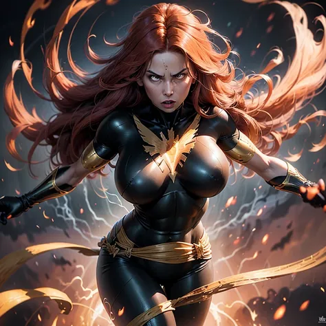 ((Masterpiece)), ((Best quality)), 8k, ultra-detailed,

A compelling representation of Jean Grey in her Dark Phoenix form, embodying her powerful and seductive allure. Her figure is muscular and toned, showcasing her strength and athleticism. Her large bre...