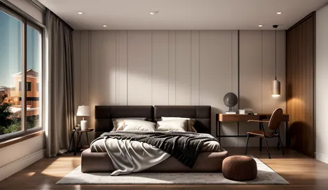 an elegant modern-style bed room with a black and white tone. the focal point of the room  the warm led light with a color tempe...