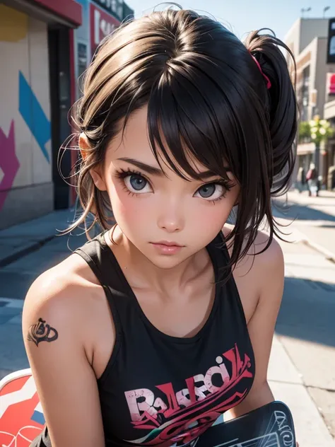 (best quality), (perfect body), (perfect face), (1girl), (close-up), headshot, a cute skater girl with her skateboard, graffiti art, street art, urban art, HDR, 4K, 3D.