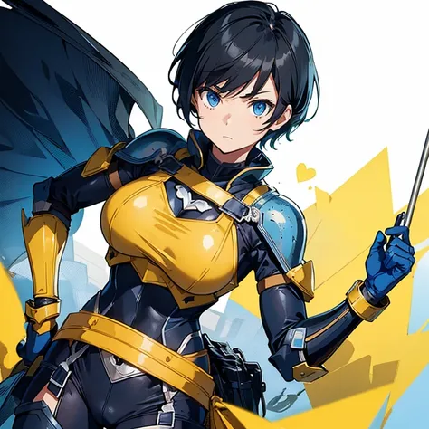 boyish Hero girl, single yellow heart mark at chest, blue armor on black hero suits, short black hair, yellow spade mark on blue bandanna, blue eyes, big bust