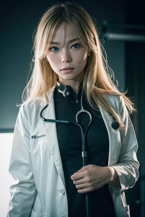 黒い肌、Black girl in white lab coat holding stethoscope ,大きい胸、Best quality, masterpiece, ultra high res, (photorealistic:1.4), raw photo, 1girl, blonde hair, blue eyes, detailed eyes and face, dynamic lighting, in the dark, deep shadow, low key,短い髪、銀の髪の色,ニコニコ...