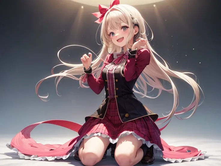 with a girl、no background、no background、Background through、White blonde、Pink ash、pink gradient hair、laughter、ribbon、one piece、cute、Kneeling Pose、disheveled clothing