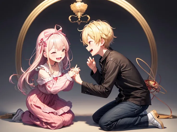 with a girl、no background、no background、Background through、White blonde、Pink ash、pink gradient hair、laughter、ribbon、one piece、cute、Kneeling Pose、disheveled clothing