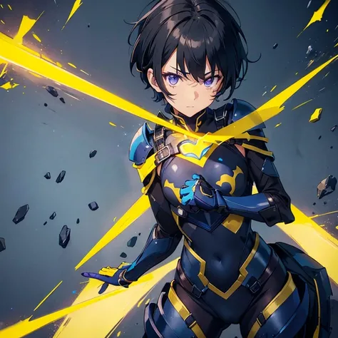 boyish Hero girl, single yellow heart mark at chest, blue armor on black hero suits, short black hair, yellow spade mark on blue bandanna, purple eyes, small bust