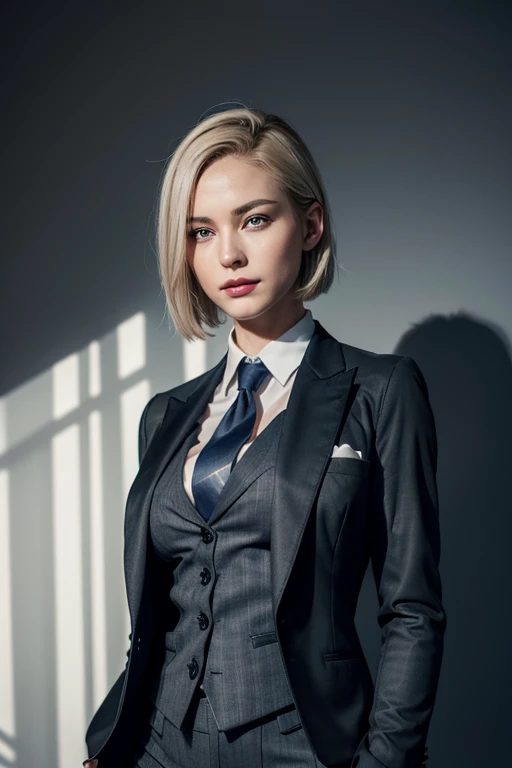 Smile、blacks、black skin、full body shot 1 woman, ada wong, skirt suit, (((three-piece suit))), necktie, blazer, (((suit jacket))), (((waistcoat))), double-breasted waistcoat, bodycon miniskirt, pencil skirt, tie clip, pocket square, pocket watch, pantyhose,...