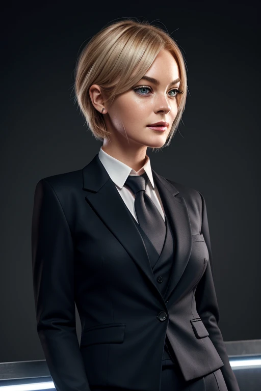 Smile、blacks、black skin、Full body shot 1 Lindsay Lohan、woman, ada wong, skirt suit, (((three-piece suit))), necktie, blazer, (((suit jacket))), (((waistcoat))), double-breasted waistcoat, bodycon miniskirt, pencil skirt, tie clip, pocket square, pocket wat...