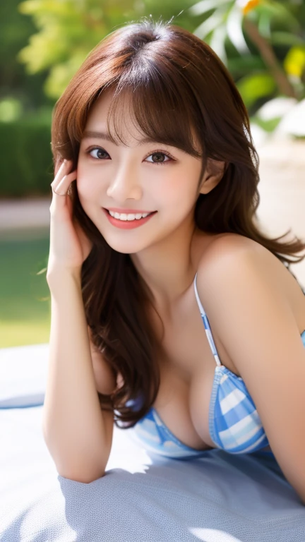 master piece, 4K,8k, detailed ,best quality, detailed, all detailed, extremely,photorealistic,
very cute、japanese woman、Very beautiful、famous idol、Very beautifulな顔、cute face、Gravure idol long hair、wavy hair、big chest、have bangs、E cup、22 years old、Cute smil...