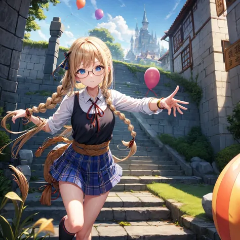 chestnut blonde、blue hair、blue eyes、Braid、one good looking girl、solo、anime、Plaid miniskirt、camisole、black t-shirt、Tilting your face、Doing the ribbon、Ribbon at waist、sunset sky、stone stairs、tunnel、Fallen leaves、wearing glasses、Burning、Light and shadow、maze、...