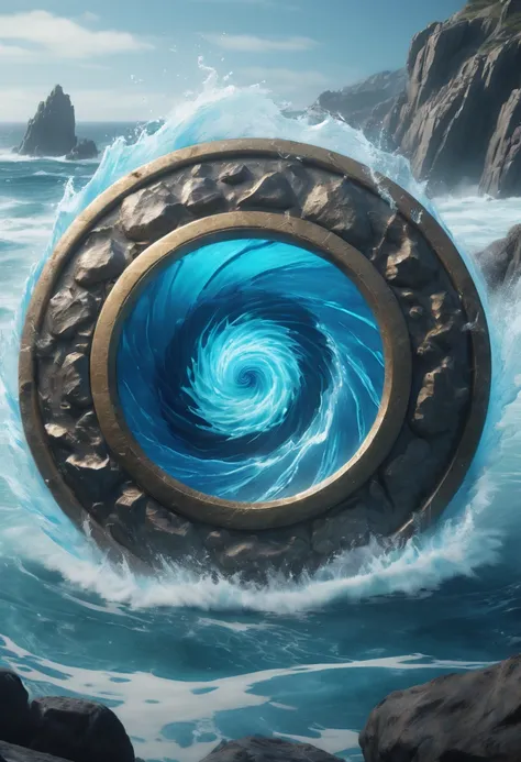 a round shield made of swirling, whirlpool of splashing blue ocean water, surrounded by rocks, whimsical, epic, fantasy art, octane render, intricate,(best quality, masterpiece, Representative work, official art, Professional, 8k)