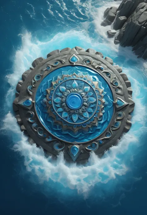 a ornamental mandala shield made of swirling, whirlpool of splashing blue ocean water, surrounded by rocks, whimsical, epic, fantasy art, octane render, intricate,(best quality, masterpiece, Representative work, official art, Professional, 8k)