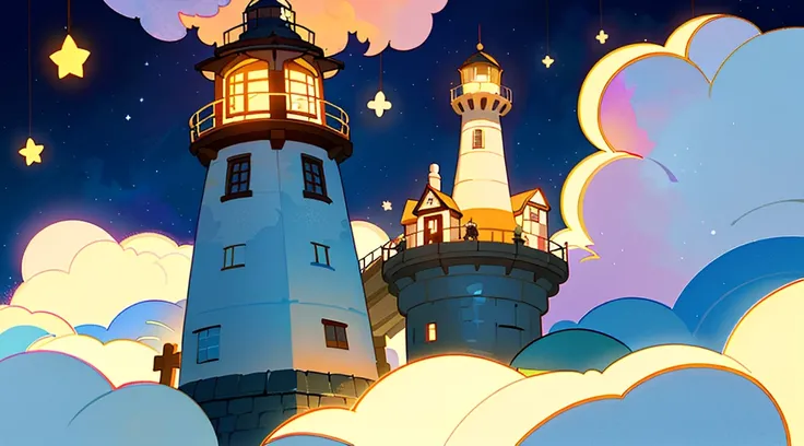 A Detailed Illustration: A sticker with a charming print of a lighthouse in the style of Studio Ghibli. The lighthouse is surrounded by fantasy stars that splash across the scene, adding an element of whimsy. Pastel tetradic colors give the artwork a cute ...