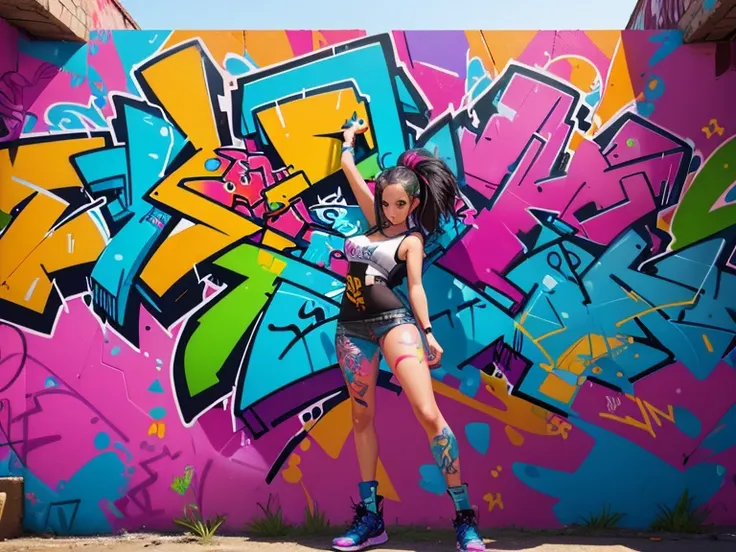 (best quality), (high detail), (vivid colors), (graffiti style), (freestyle), (Close up), (1girl), sexy female graffiti artist, spraying graffiti on a wall painted with street art, HDR, 4K, 3D, graffiti art style.