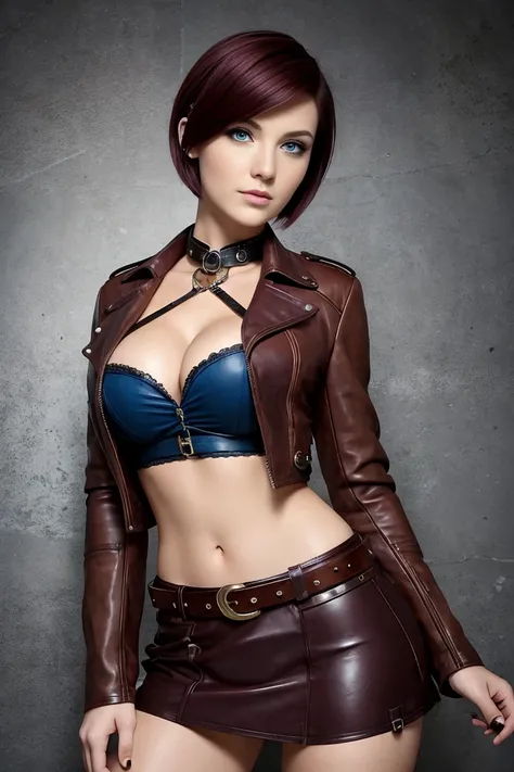 25 year old european woman with short undercut burgundy hair dressed in a steampunk outfit with leather miniskirt, cleavage, belt. Blue eyes with eye liner. Neutral background