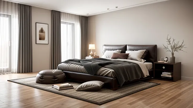 An elegant modern-style bed room with a black and white tone. The focal point of the room  the warm LED light with a color temperature of 3600k, casting a cozy glow. The interior design  inspired by the year 1927, showcasing vintage furniture and decor. Th...