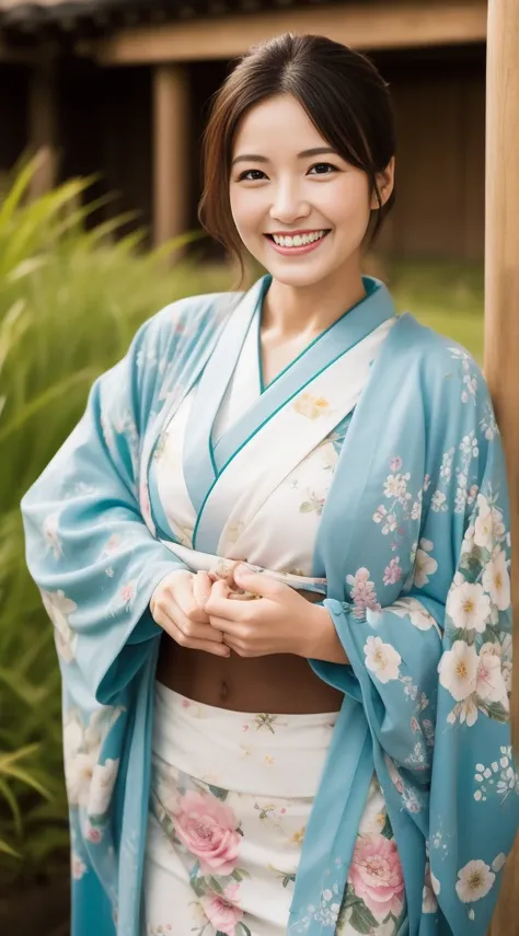 The cheerful face of the landlady、Floral Japan Kimono、high quality、surreal、healthy、smiling face、perfect slender figure、Japanese beauty、 perfect eyes beautiful skin、whole body、shrine、