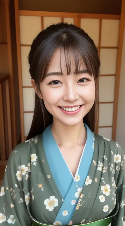 The cheerful face of the landlady、Floral Japan Kimono、high quality、surreal、healthy、smiling face、perfect slender figure、Japanese beauty、 perfect eyes beautiful skin、whole body、shrine、