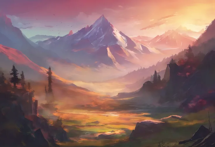 smorning, beautiful landscape, mountains, sunrise, digital art, masterpiece,