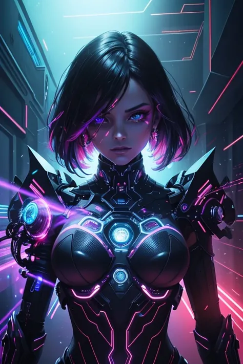 (best quality, highres:1.2), ultra-detailed, realistic, concept artist, portrait, vivid colors, studio lighting, laser lights, technology, futuristic, 3D rendering, electric glow, biomechanical, extravagant makeup, cyberpunk aesthetic, sparkling jewels, gl...