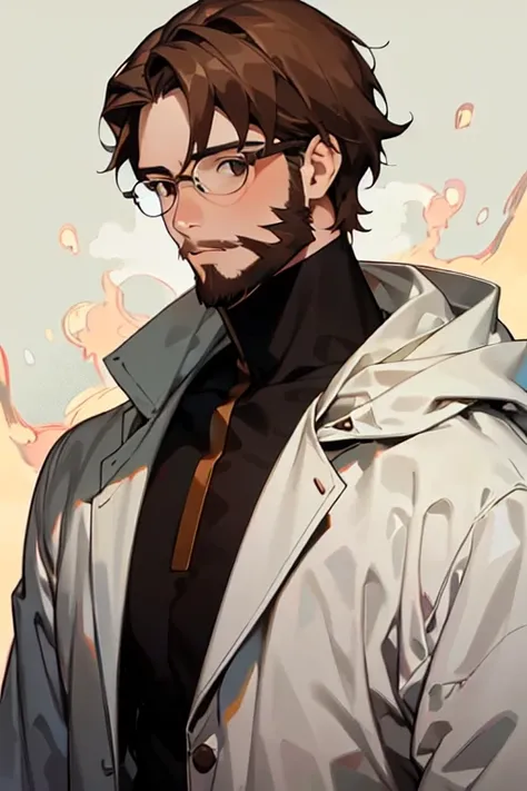 masterpiece, 最high quality, high quality, man 1、30 years old,alone, male focus, looking at the viewer, Upper body, bearded face, brown hair, brown eyes, wearing glasses, doctor、wearing a white coat