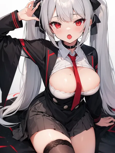 gray hair　long twin tails　red eyes　uniform　Darkness Fall　Fellatio Gesture