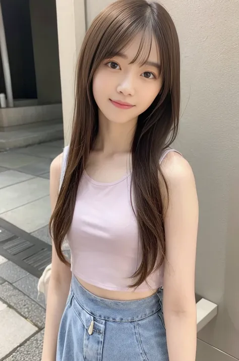 highest quality、Super high resolution、(Photoreal:1.4)、(Ulzzang-6500:0.4)、beautiful woman、japanese idol、18-year-old、hair length、light brown hair、neat wavy hairstyle、、very small breasts、realistic eyes, thin narrow eyes、beautiful eyes、laughter、crop top、Tank t...