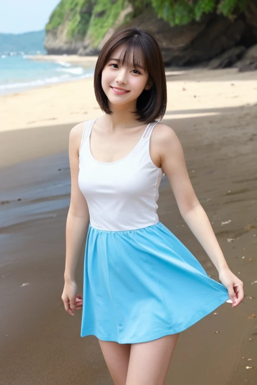 beach,An innocent Japanese beautiful girl standing on the sandy beach, high teenager, Height: 155cm, bust 79cm, Waist 55cm, Hips 90cm, barefoot, standing tall on the sandy beach, Shot straight ahead, photo from the knees up, Photo from the foot, standing p...