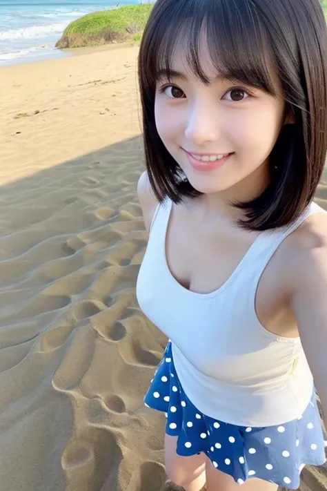 beach,An innocent Japanese beautiful girl standing on the sandy beach, high teenager, Height: 155cm, bust 79cm, Waist 55cm, Hips 90cm, barefoot, standing tall on the sandy beach, Shot straight ahead, photo from the knees up, Photo from the foot, standing p...