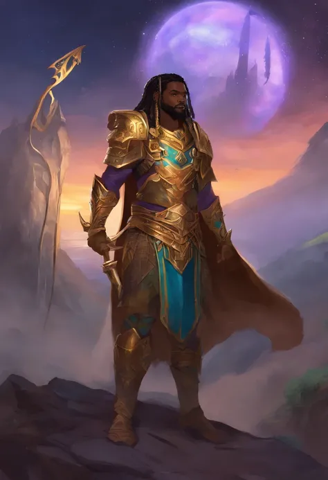 Um homem negro, gordo, usando roupas de guerreiros africanos antigos , carrying a shield in his left arm and a spear in his right arm, com poderes da terra e tendo um stand (Jojo) das sobras chamado "castle of Glass" , usando cabelo nudread