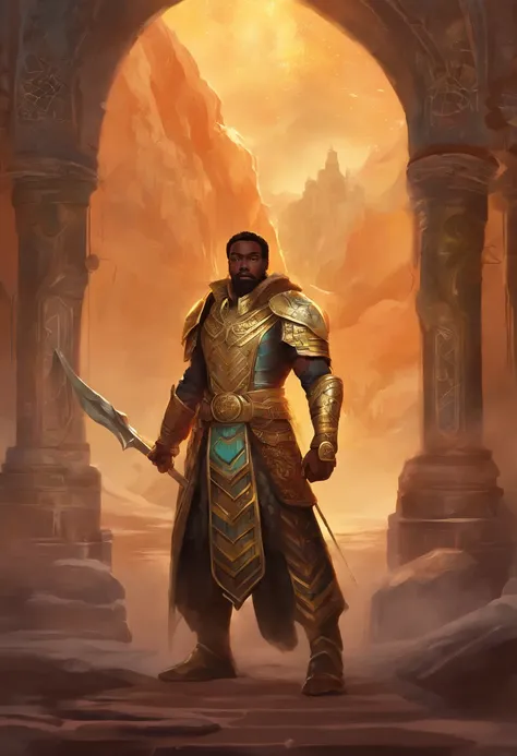 Um homem negro, gordo, usando roupas de guerreiros africanos antigos , carrying a shield in his left arm and a spear in his right arm, com poderes da terra e tendo um stand (Jojo) das sobras chamado "castle of Glass" , usando cabelo nudread