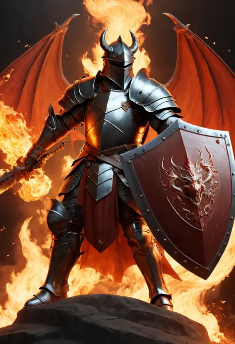 A brave knight holding up a huge shield, flames of the dragon fire, (best quality, masterpiece, Representative work, official art, Professional, unity 8k wallpaper)