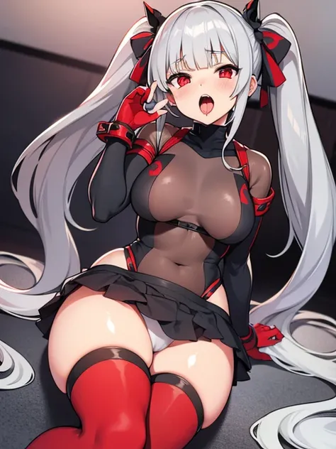 gray hair　long twin tails　red eyes　Fellatio Gesture　Crab crotch