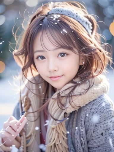 girl with, Snowy landscape, Winter wonderland, Cute and innocent look, rosy cheeks, Sparkling eyes, warm winter clothes, Poses in motion、footsteps in the snow, Falling snowflakes, Frosty tree, Snowy ground, soft snow texture, gentle and delicate lighting, ...