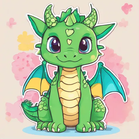 Sticker, dragon, little kawaii dragon, big eyes, green-blue eyes, simple sticker, pastel color, simple backround