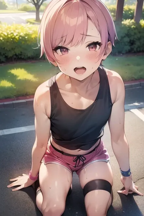 (masterpiece), best quality, (SHARP details), 4k, (SHARP detail perfect face), short hair, pink hair, nice ass, outdoors, sweat, (slutty clothes), detailed skin, ((visible 11 year old boy)), (female facial expression: lewd, open mouth), full body shot, (we...