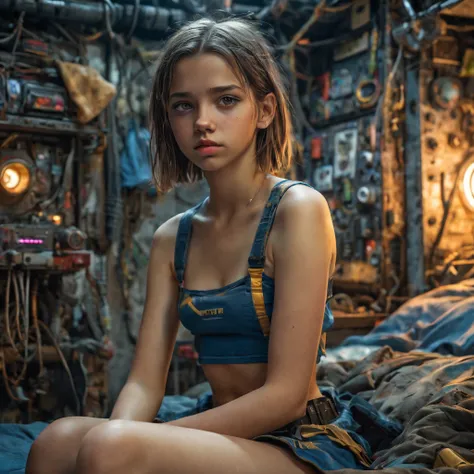 1 girls, 13 years old perfect likeness of SophieXTDSDXL wearing blue and gold crop top and short skirt pulled up. Clothing torn, girls clothes and face is dirty from battle. She is  and slim, small girl, short girl, fine detailed eyes, weapons slung over s...