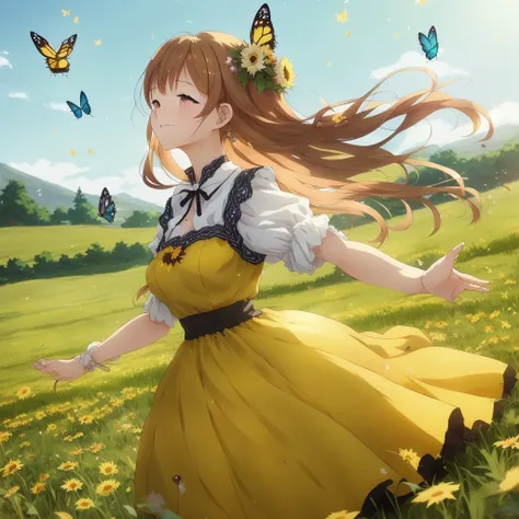 anime girl in yellow dress with butterflies flying around her, beautiful sunflower anime girl, pixiv contest winner, guweiz on pixiv artstation, beautiful anime, girl dancing in a flower field, digital art on pixiv, anime beautiful peace scene, rin, cute a...