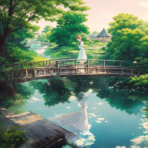 anime girl in white dress walking across a bridge over a pond, artwork in the style of guweiz, anime style 4 k, guweiz, anime girl walking on water, makoto shinkai. digital render, 4k anime wallpaper, beautiful anime scene, anime art wallpaper 4 k, anime a...