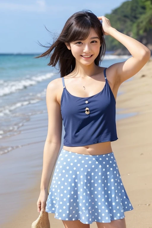 beach,An innocent Japanese beautiful girl standing on the sandy beach, high teenager, full body photo, Height: 155cm, bust 79cm, Waist 55cm, Hips 90cm, Slightly thicker thighs, thin ankles, barefoot, standing tall on the sandy beach, Stand up and rest your...