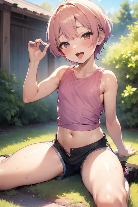 (masterpiece), best quality, (SHARP details), 4k, (SHARP detail perfect face), short hair, pink hair, nice ass, outdoors, sweat, (slutty clothes), detailed skin, ((visible 11 year old boy)), (female facial expression: lewd, open mouth), full body shot, (we...