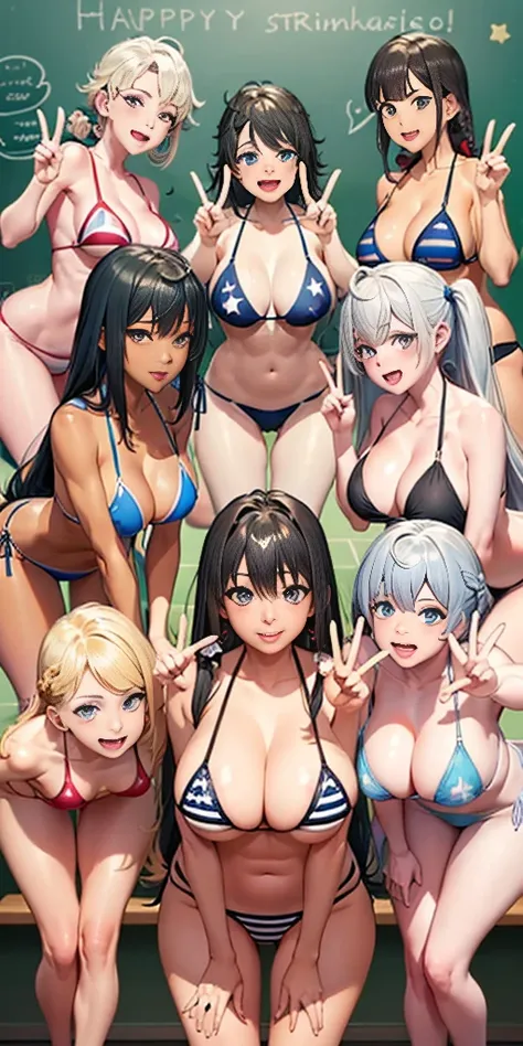 (masterpiece), maximum quality, (Colorful:1.1), (5 girls, group shot:1.4), (slim body:1.1), (huge :1.5), (dark skin:1.1), (muscles:1.1), blonde  hair, Silver hair, Twin tails, braid, forehead, (leaning forward:1.4), (Open your mouth, happy smile:1.1), (win...