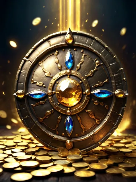 High quality concept game art for Fantasy Gold Coin Shield，Magic game world background，Extremely detailed，Glowing Transparent Gem Power，Made from intricate gold coins，concept weapon art